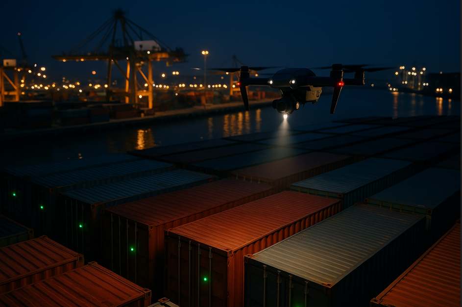 Nighttime port monitoring of RFID electronic seals using aerial surveillance and LED status indication